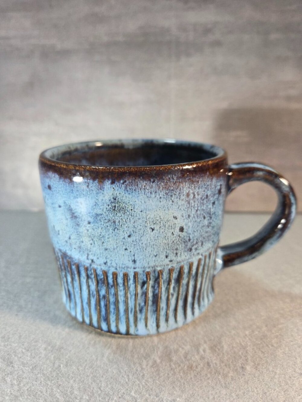 Handcrafted Artisan Pottery Mug Textured Rustic Blue Brown Glaze Cottagecore